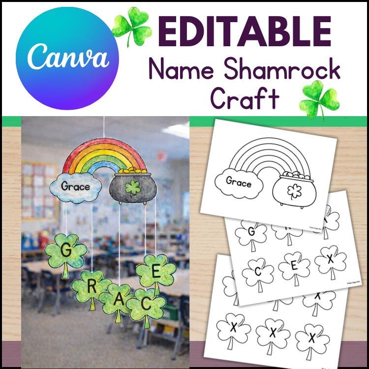 EDITABLE Name Shamrock Rainbow Craft: St Patricks Day Printable…