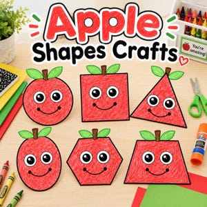 Puede incluir: Un conjunto de seis recortes de papel con forma de manzana roja en varias figuras geométricas, incluyendo círculo, cuadrado, triángulo, óvalo, hexágono y trapecio. Cada figura tiene un tallo marrón, dos hojas verdes y una cara sonriente.