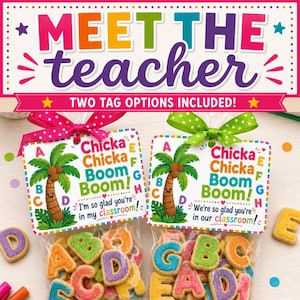 May include: Two clear plastic bags filled with colorful letter-shaped cookies. Each bag has a rectangular tag attached with a pink or green polka dot ribbon. The tags feature a palm tree illustration and the text Chicka Chicka Boom Boom!
