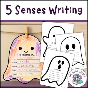 May include: A 5 Senses Writing activity set featuring ghost-shaped paper templates. One template is coloured with orange and purple crayon, filled with handwritten text about Halloween. Two blank ghost templates are included with lines for writing.