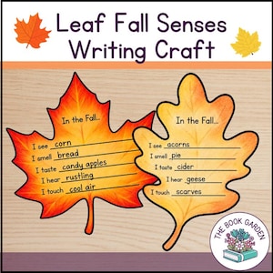 Może przedstawiać: Zestaw do pisania Leaf Fall Senses Writing Craft z dwoma dużymi wycinankami w kształcie liści z napisem In the Fall oraz liniami do uzupełnienia obserwacji sensorycznych. Lewy liść jest pomarańczowo-czerwony, a prawy żółto-złoty.