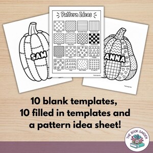 May include: Three printable coloring sheets featuring two pumpkin outlines with the names SAM and ANNA, and a central Pattern Ideas page with twelve distinct black and white geometric designs including polka dots, stripes, hearts, and stars.