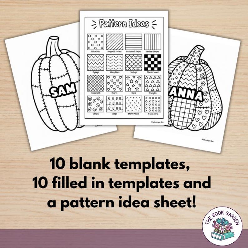 May include: Three printable coloring sheets featuring two pumpkin outlines with the names SAM and ANNA, and a central Pattern Ideas page with twelve distinct black and white geometric designs including polka dots, stripes, hearts, and stars.
