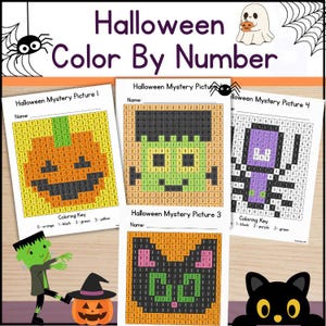 May include: A set of four Halloween color-by-number activity sheets featuring grid-based mystery pictures of a pumpkin, a monster, a cat, and a vampire. Each page includes a coloring key with numbers corresponding to specific colors.