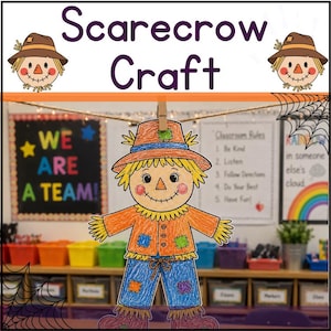 May include: A paper scarecrow craft hanging from a string with a clothespin. The scarecrow features a brown hat, yellow hair, an orange shirt with blue and green patches, blue pants with orange and purple patches, and purple boots, all colored with crayons.