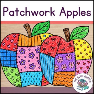 Puede incluir: Una ilustración digital titulada Patchwork Apples que muestra dos manzanas grandes compuestas por secciones coloridas y estampadas tipo patchwork. Cada manzana tiene un tallo marrón y una hoja verde. El texto The Book Garden aparece en un logo.