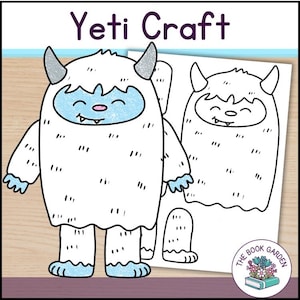 Peut inclure: Un artisanat de yéti blanc avec des accents bleus, notamment le visage, les mains et les pieds. L'image comprend le texte "Yeti Craft" et un dessin au trait du yéti. Le logo The Book Garden est en bas à droite.