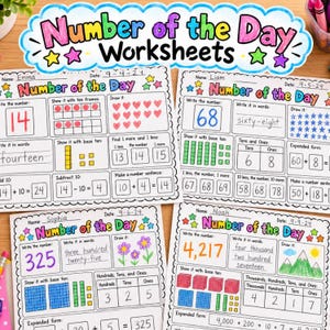 May include: Four educational Number of the Day worksheets featuring maths exercises like ten frames, base ten blocks, expanded form, and number sentences. Each page includes sections for writing numbers in digits and words, with colourful hand-drawn accents.
