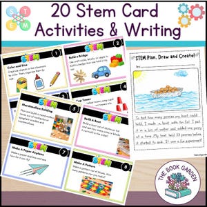 May include: A collection of 20 STEM card activities and writing prompts. The cards present challenges like building bridges, towers, and boats. The image also includes a worksheet for a boat experiment and a logo for "The Book Garden."