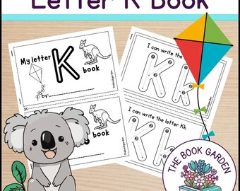 May include: Black and white printable worksheet for learning the letter K. The worksheet features a koala, a kangaroo, a kite, and the letter K. The text "My letter K" and "book" are included. The worksheet is titled "Letter K Book".