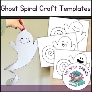 May include: A white ghost spiral craft template with a smiling face and black outline. The image also shows printed templates with different ghost expressions and a logo that says "The Book Garden".