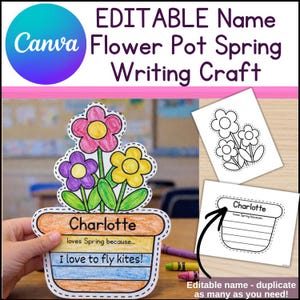 May include: A colorful flower pot spring writing craft with the name "Charlotte" and the phrase "I love to fly kites!" The craft features three flowers in pink, purple, and yellow. The text "Editable name - duplicate as many as you need!" is also included.