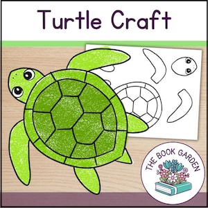 May include: A Turtle Craft activity sheet featuring a large green turtle illustration with a textured shell and a separate black and white outline template of turtle parts. The text Turtle Craft appears at the top and a logo for The Book Garden.