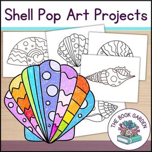 May include: A colorful pop art seashell design with a variety of colors, including blue, purple, orange, and yellow. The image also features several black and white line drawings of seashells. The text "Shell Pop Art Projects" is at the top.