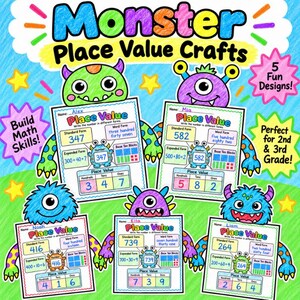 Puede incluir: Un conjunto de cinco hojas de trabajo educativas tituladas Monster Place Value Crafts con monstruos de dibujos animados coloridos. Cada hoja incluye secciones para forma estándar, forma escrita, forma expandida, bloques base diez y tabla.