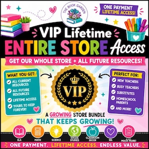 Könnte beinhalten: Eine digitale Grafikwerbung für den lebenslangen VIP-Zugang zum gesamten Shop von The Book Garden. Das Design zeigt farbigen Text, ein goldenes VIP-Siegel und Symbole für Schulfächer wie ELA, Mathe, Naturwissenschaften und Sozialkunde.