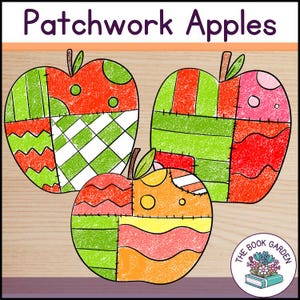 May include: A digital illustration titled Patchwork Apples featuring three stylized apples composed of various colorful segments with patterns like stripes, zigzags, and circles. Each segment is outlined with black stitches. A logo reads The Book Garden.