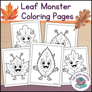 May include: Five black and white coloring pages featuring cartoon leaf monsters with various expressions, horns, and eyes. The title Leaf Monster Coloring Pages is printed in dark purple text at the top, with a circular logo in the bottom right corner.