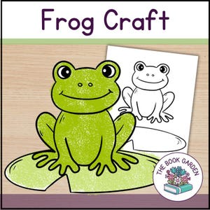 Puede incluir: Ilustración de una rana verde sobre una hoja de nenúfar, con un dibujo en blanco y negro de una rana sobre papel. Las palabras "Frog Craft" están en la parte superior. Un logotipo de "The Book Garden" está en la esquina inferior derecha.