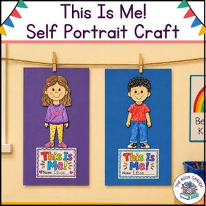 Może przedstawiać: Dwie prostokątne papierowe plansze z napisem This Is Me! Self Portrait Craft. Fioletowa karta przedstawia rysunek dziewczynki w koszulce z sercem, niebieska karta przedstawia rysunek chłopca w czerwonej koszulce. Obie mają etykiety z napisem This Is Me!