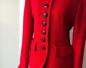 Vintage 1980s 1990s Christian Dior Red 2 piece wool suit blazer skirt with velvet black and white animal print collar women’s size 8 Rare