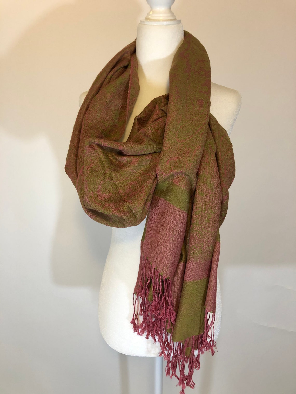 Pashmina Brand Silk & Cashmere Scarf Army Green Dark Pink 70 Etsy