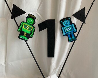 Robot Cake Topper, robots smash cake, one cake topper, 1 Cake Topper, Robot Bithday Decor, black green blue robots birthday, first birthday
