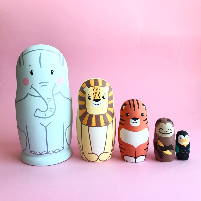 Jungle Animals Nesting dolls Hand Painted Wooden Zoo Etsy
