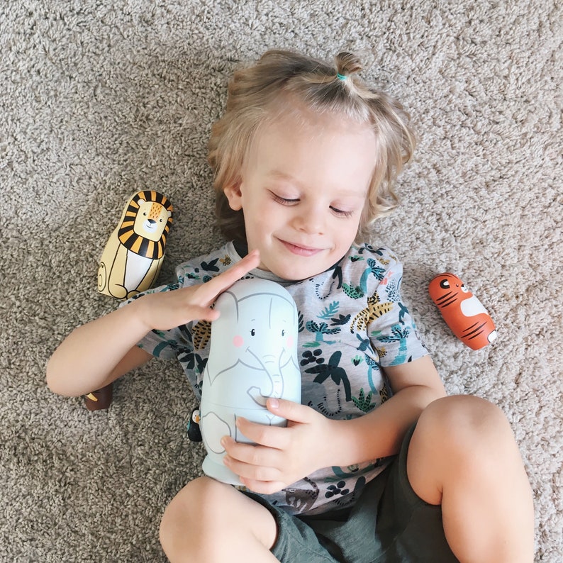 Jungle Animals Nesting Dolls Hand Painted Wooden Zoo Etsy