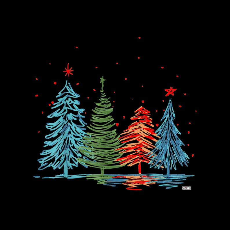 Vintage Christmas Trees Hand Drawing Christmas Trees Digital Etsy