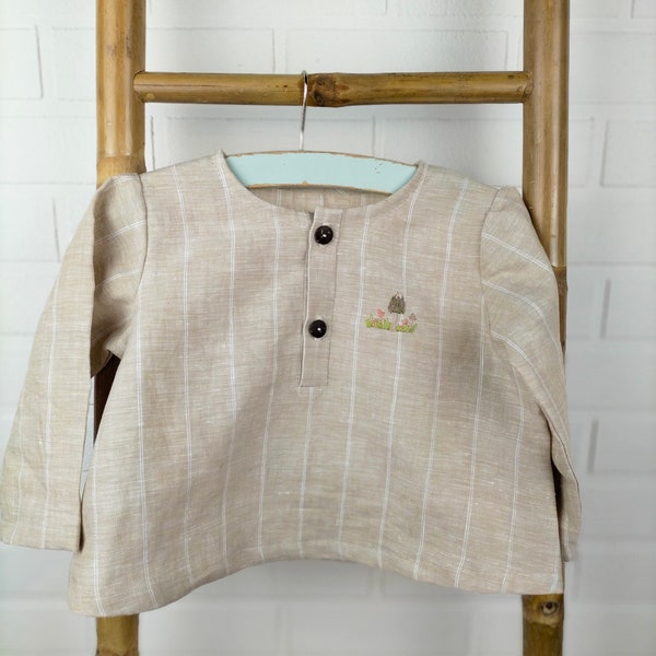 Chemise enfant à manches longues en lin naturel et fines rayures blanches, taille 12 mois, broderie à la main motif champignons