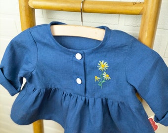 Blusa infantil de lino de manga larga de color azul, talla 6 meses, canesú superior bordado a mano con estampado de flores