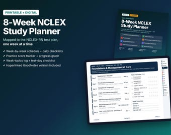 8-Week NCLEX-RN Study Planner | Printable + GoodNotes Hyperlinked (Score Tracker)