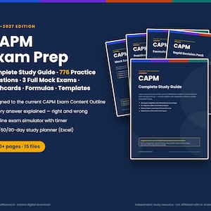Könnte beinhalten: Ein dunkelblaues CAPM Exam Prep 2026-2027 Lernmaterial-Set mit 776 Übungsfragen, 3 vollständigen Probeprüfungen, Lernkarten, Formeln und Vorlagen. Die digitale Ressource umfasst über 560 Seiten in 15 Dateien inklusive eines Lernplans.