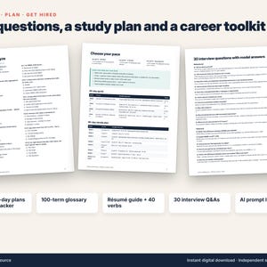 May include: A career toolkit featuring three printed pages with text titled 180 questions, a study plan and a career toolkit. The pages include Set 05 Analyze, Choose your pace, and 30 interview questions with model answers.