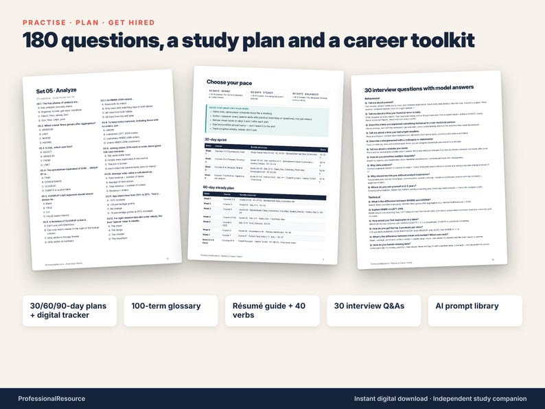 May include: A career toolkit featuring three printed pages with text titled 180 questions, a study plan and a career toolkit. The pages include Set 05 Analyze, Choose your pace, and 30 interview questions with model answers.