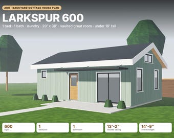 ADU House Plan 600 sq ft, 1 Bedroom Backyard Cottage, 20x30 Guest House, Granny Flat, Small House Plans, PDF Blueprints, DXF, 3D