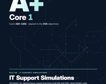 May include: A dark blue educational poster for CompTIA A+ Core 1 exam prep. It features the text A+ Core 1, Exam 220-1201, and IT Support Simulations. Includes a percentage breakdown of topics like hardware and networking, plus 40 hands-on exercises.