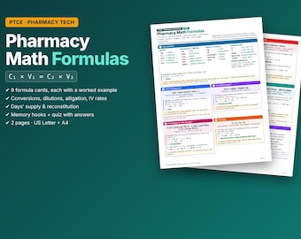 Pharmacy Tech Math Formulas Cheat Sheet | PTCE Study Guide (PDF)