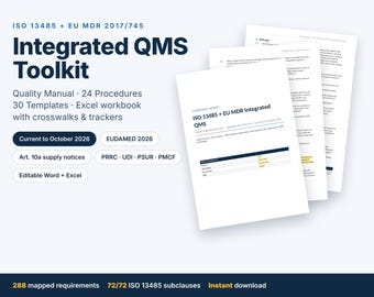ISO 13485 EU mdr QMS Toolkit, Quality Manual, 24 SOPs, 30 Templates, Excel Crosswalk, Medical Device Compliance, Editable Word