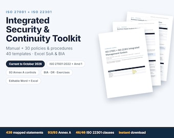 ISO 27001 + 22301 Integrated Toolkit, 40 Templates, Editable Word (Digital Download)
