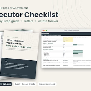 May include: An Executor Checklist guide featuring a step-by-step plan, letters, and an estate tracker. The document includes the text When someone you love dies, here's what to do next and an Estate Tracker dashboard with progress bars.