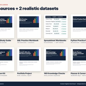 May include: A digital collection titled 8 resources + 2 realistic datasets, featuring eight distinct educational modules including an illustrated study guide, SQL workbook, spreadsheet workbooks, Python practice pack, visualization kit, portfolio project, knowledge checks, and a career toolkit.