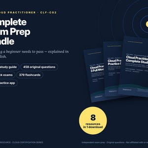 Pode incluir: Um pacote de preparação para o exame AWS Cloud Practitioner CLF-C02 em azul escuro com três guias de estudo, 458 perguntas, 3 exames simulados, 379 flashcards e um aplicativo offline. O texto diz Complete Exam Prep Bundle.