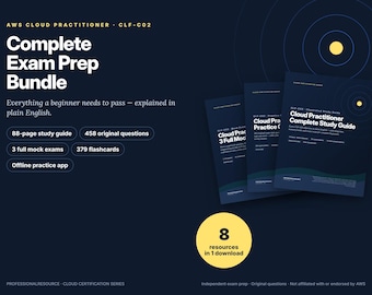 May include: A dark blue AWS Cloud Practitioner CLF-C02 exam prep bundle featuring three study guides, 458 questions, 3 mock exams, 379 flashcards, and an offline app. The text reads Complete Exam Prep Bundle and 8 resources in 1 download.