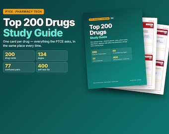 Top 200 Drugs Study Guide PTCE | Pharmacy Technician Exam Prep | Brand Generic Drug Cards | 134 Page Printable PDF | PTCB CPhT