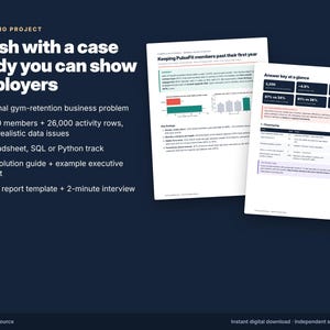 May include: A digital portfolio project guide titled Finish with a case study you can show employers, featuring a list of project components and two document pages displaying data analysis, charts, and an answer key for PulseFit members.