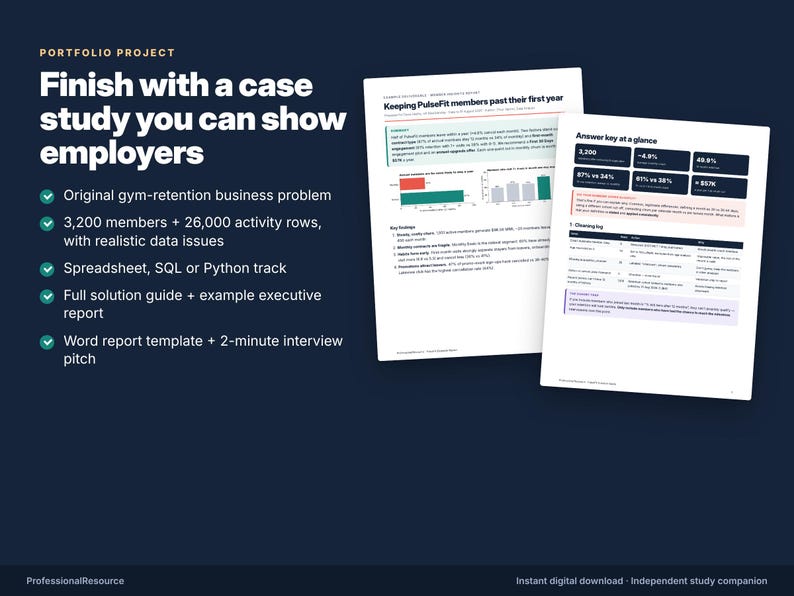 May include: A digital portfolio project guide titled Finish with a case study you can show employers, featuring a list of project components and two document pages displaying data analysis, charts, and an answer key for PulseFit members.