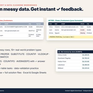 May include: Spreadsheet and data-cleaning workbooks featuring the text Clean messy data. Get instant feedback. Includes tables showing Before and After customer data, a net revenue by store table, and a list of Excel and Google Sheets functions.