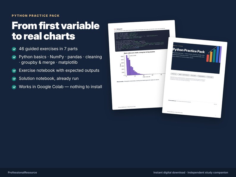 May include: A Python Practice Pack digital resource featuring 46 guided exercises in 7 parts covering Python basics, NumPy, pandas, cleaning, groupby, merge, and matplotlib. Includes exercise and solution notebooks for Google Colab.